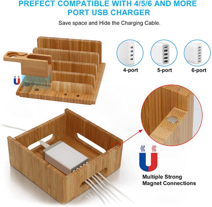 Bamboo Charging Station with 5 USB Ports & Organizer | Compatible with Smartphones, Tablets, and Smartwatches | Includes Cable Set