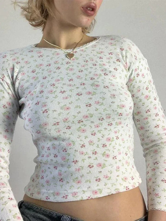 White Vintage Ditsy Floral Print Crew Neck Long Sleeve Knit