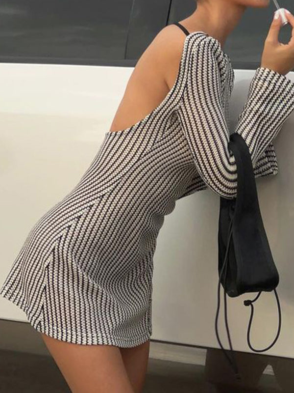 Vintage Pinstripe Backless Slim Mini Dress with Tie Back