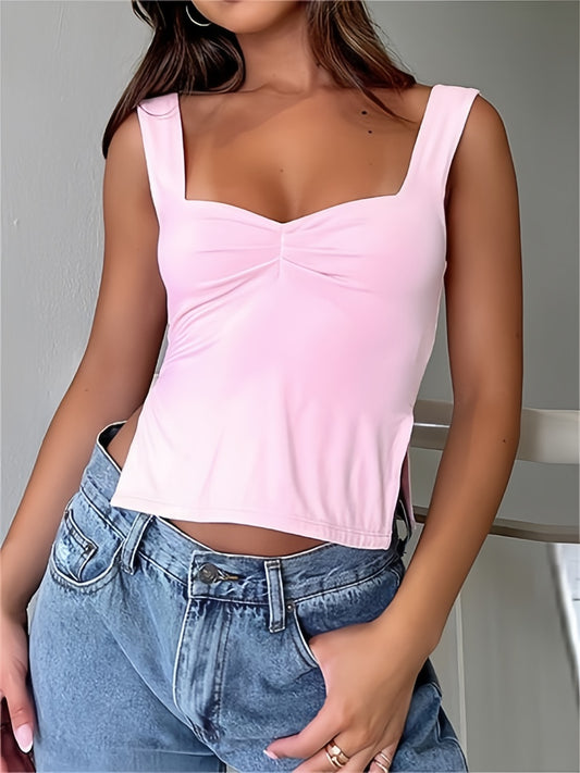 Multi-Color Pleated Sleeveless Crop Tank Top with Slit
