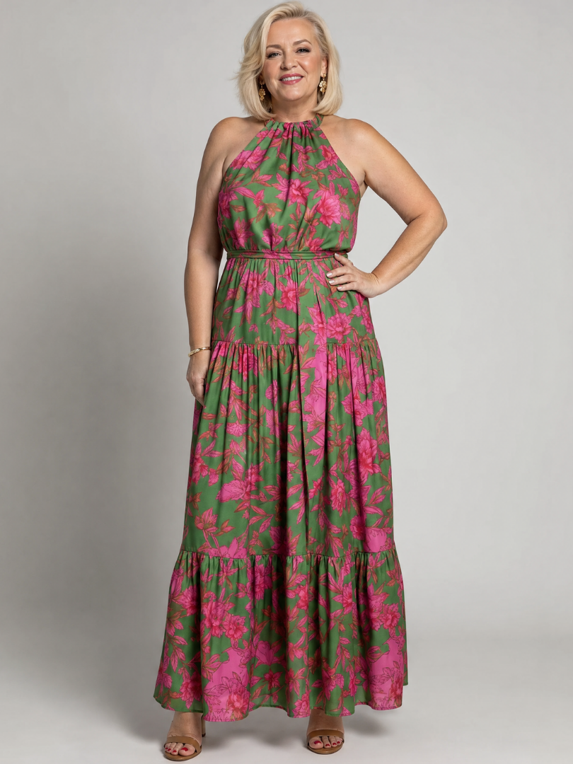 Women's Pink and Green Floral Halter Neck Maxi Dress | Summer