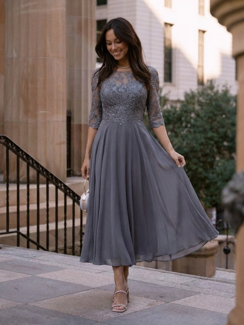 Women's A-Line Evening Gown | 3/4 Sleeves