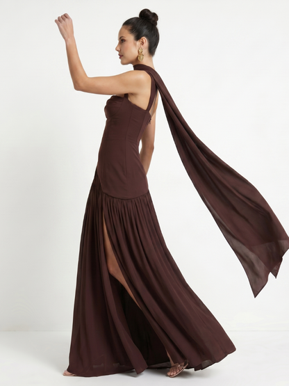 Women's Formal Evening Maxi Gown | with Matching Neck Scarf and High Slit