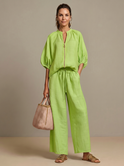 Women’s Casual Summer Co-Ord Set | Zip-Front Blouse and Wide-Leg Pants