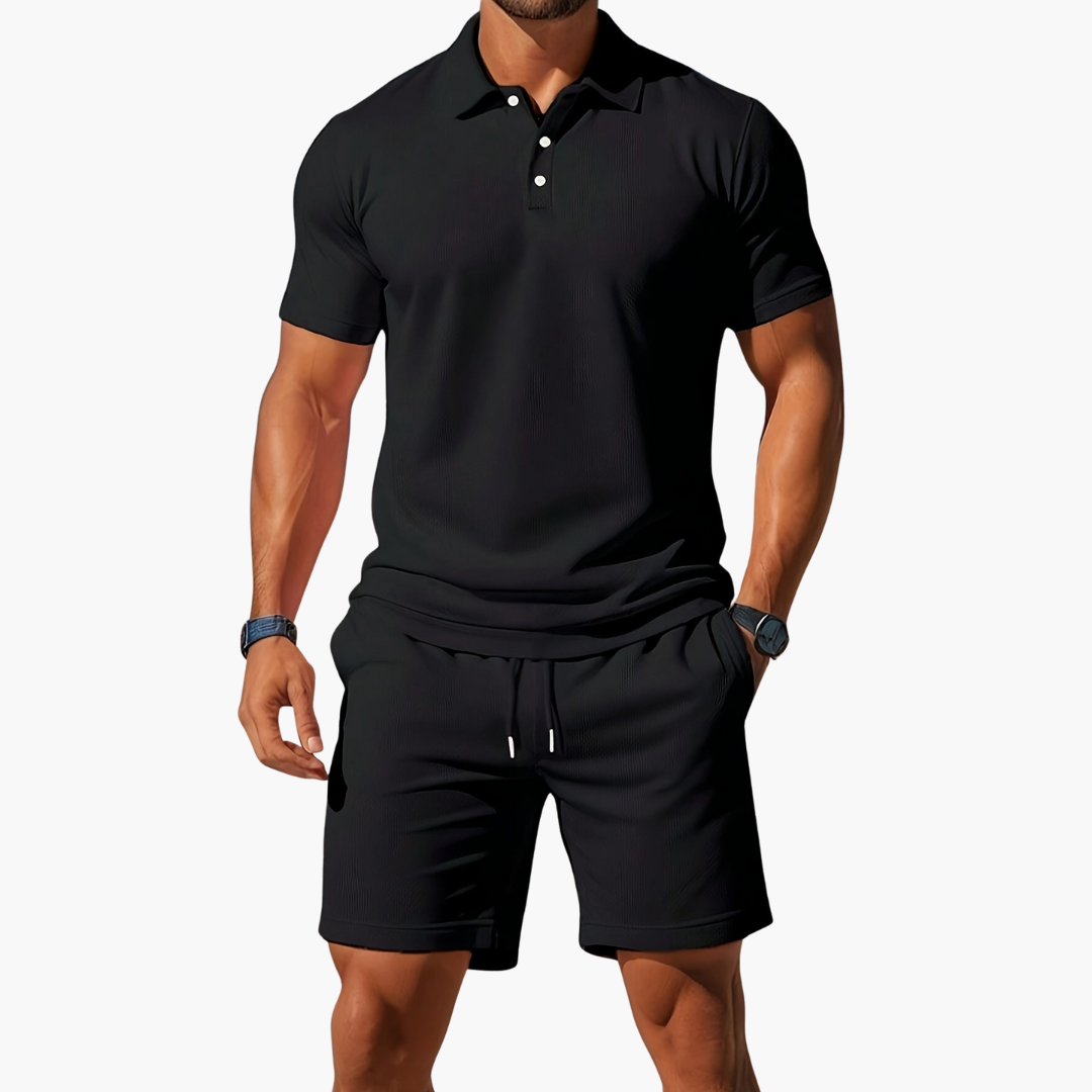 Men's Short-Sleeve Polo Shirt and Shorts with Drawstring | Two-Piece Set