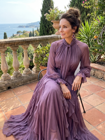 Women's Purple Mock Neck Ruffle Maxi Dress | with Tie-Neck