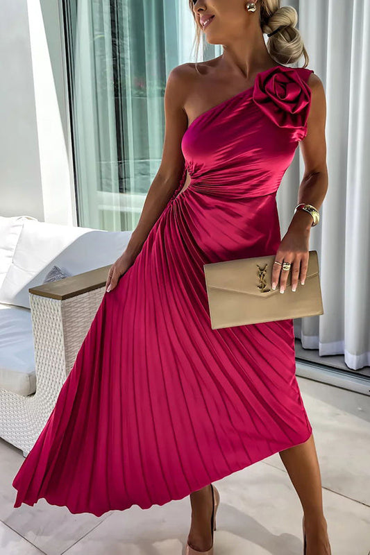 Women's One-Shoulder Pleated Wedding Guest Dress | Midi