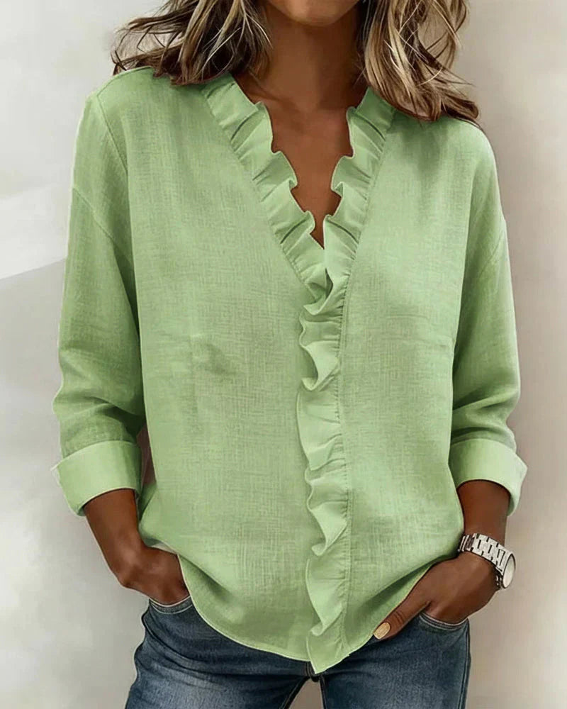Women's Ruffle V-Neck Casual Summer Blouse | Long Sleeve