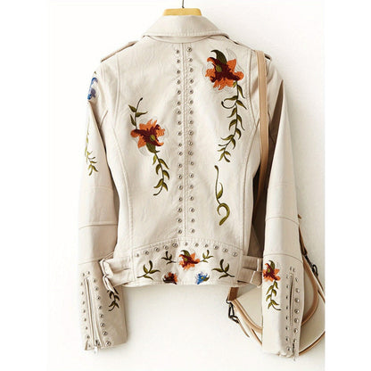 Veste en similicuir beige à broderies florales pour femme - Lucrezia