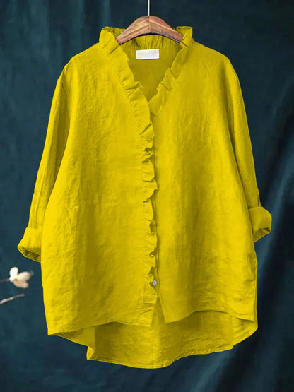Women's Oversized Ruffle V-Neck Blouse | Long Sleeve