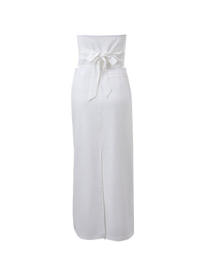 White Vintage V Neck Backless Tie Up Halter & Split Maxi Skirt Set