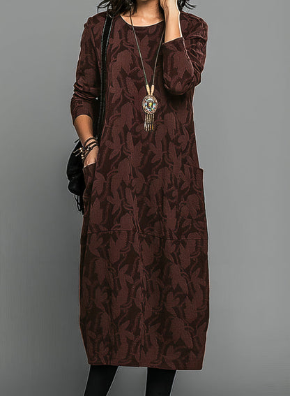 Women's Floral Round Neck Midi Dress | with Long Sleeves