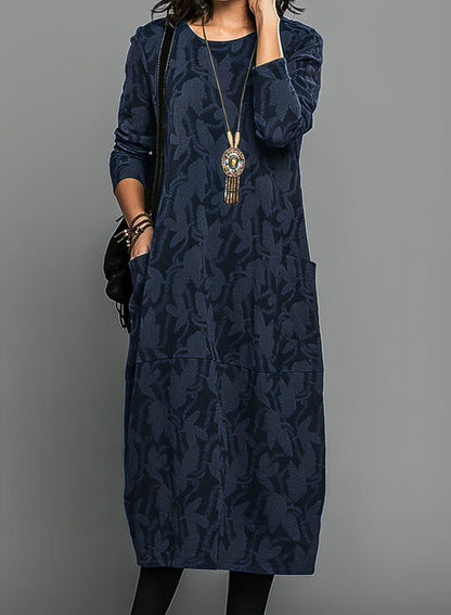 Women's Floral Round Neck Midi Dress | with Long Sleeves