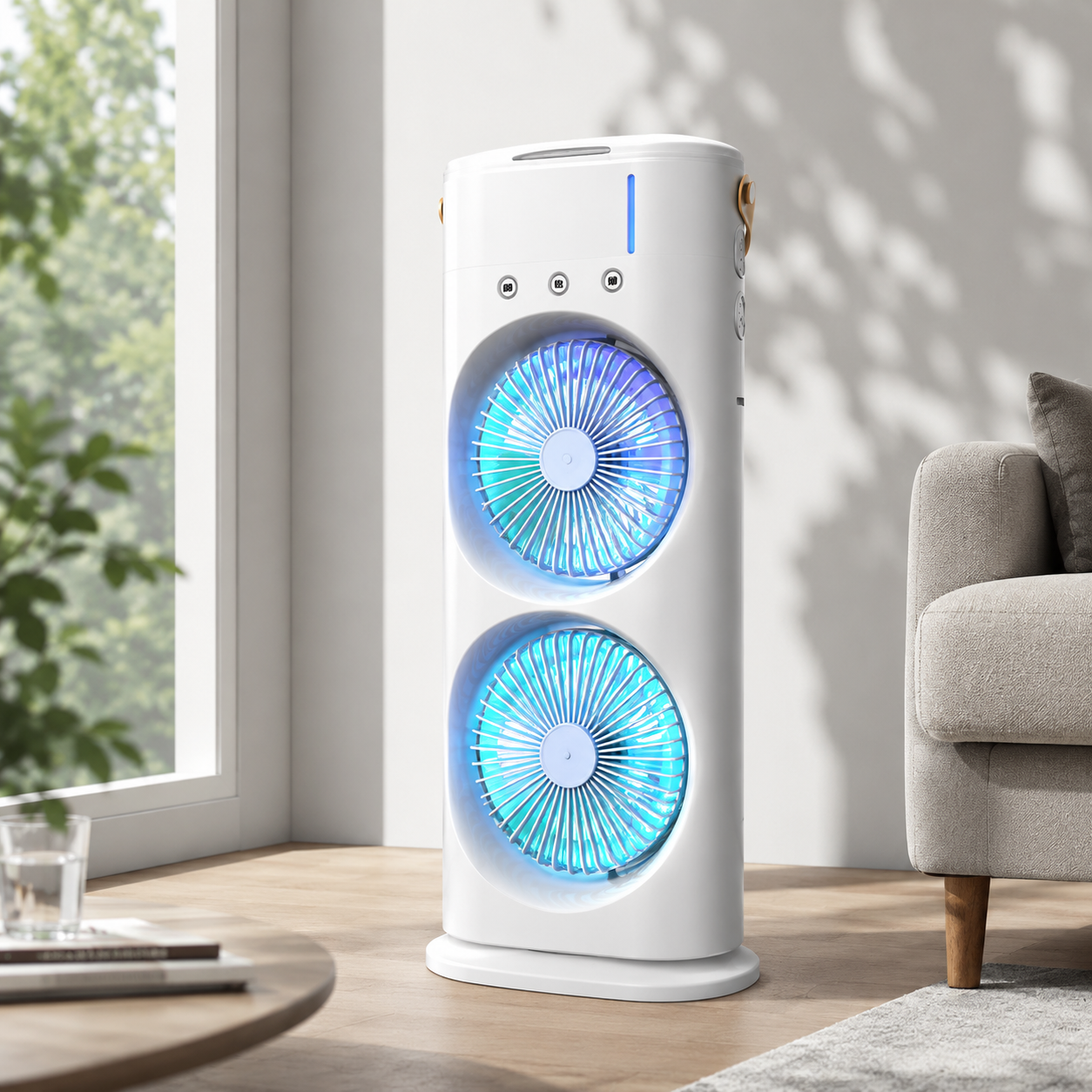 Dual-Head Misting Fan with USB Rechargeable Desk Design and Remote Control