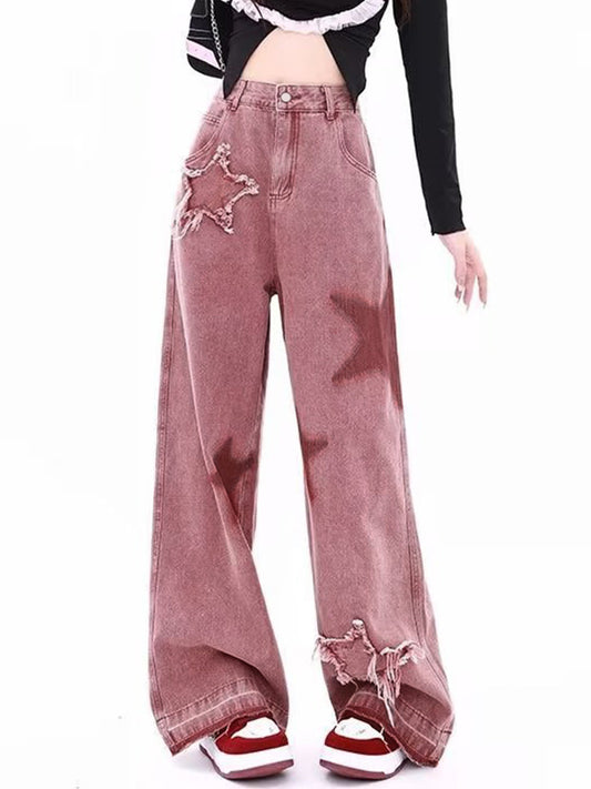 JY roze hippe boyfriend jeans met popsterrenprint en borduursel