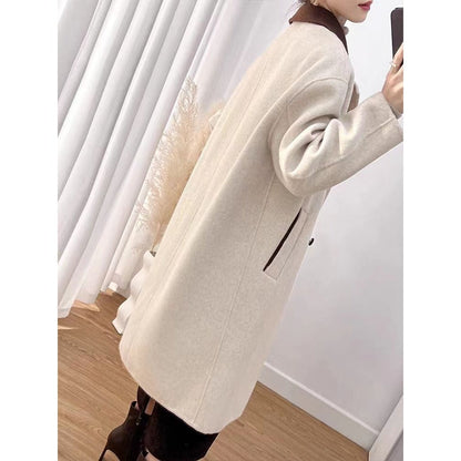 Manteau long en laine mélangée beige à col marron pour femme - Ambra 