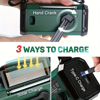 Emergency Radio with 10,000 mAh Power Bank | Solar, Crank & USB-C Charging | LED Light, SOS Alarm & Compass | AM/FM/NOAA