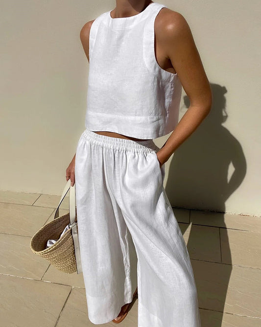 Women's Two-Piece Casual Matching Set | Cropped Top and Wide-Leg Trousers