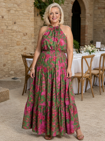 Women's Pink and Green Floral Halter Neck Maxi Dress | Summer