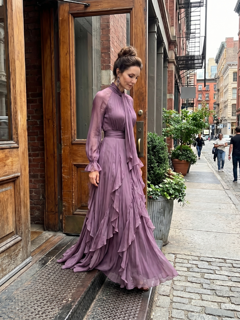 Women's Purple Mock Neck Ruffle Maxi Dress | with Tie-Neck