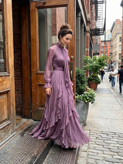 Women's Purple Mock Neck Ruffle Maxi Dress | with Tie-Neck