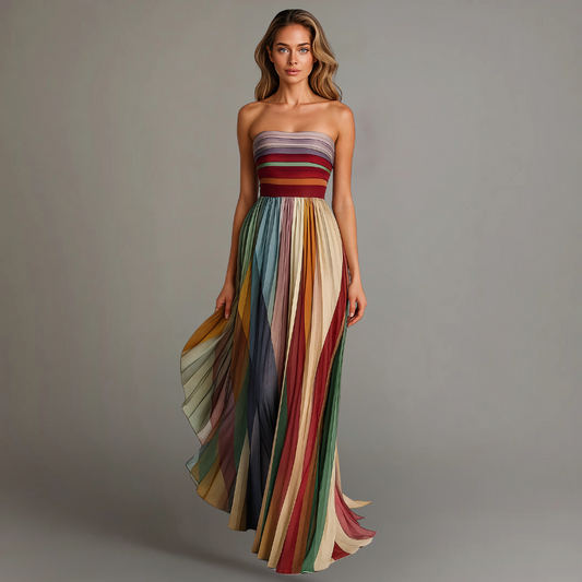 Women's Strapless Multicolor Pleated Dress | Maxi