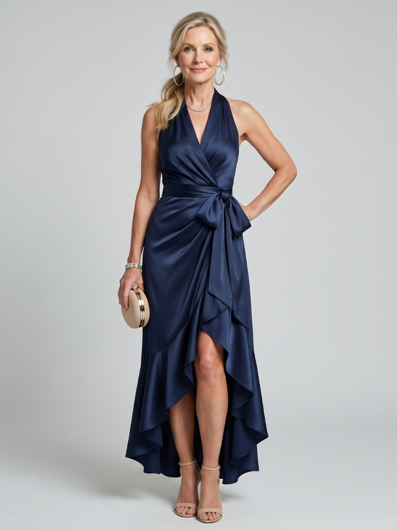 Women's Halter Neck Ruffle Evening Gown | Wrap Maxi Dress