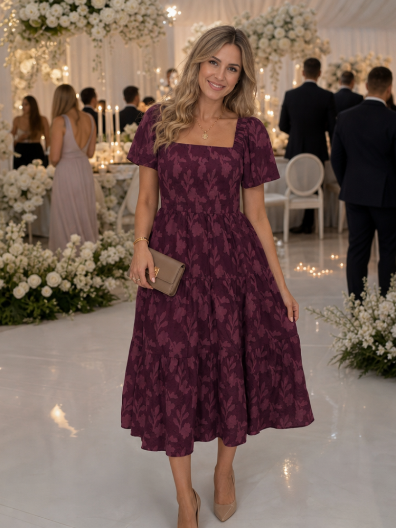 Women's Square Neck Floral Midi Dress | Puff Sleeve