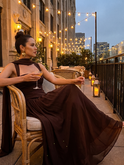 Women's Formal Evening Maxi Gown | with Matching Neck Scarf and High Slit