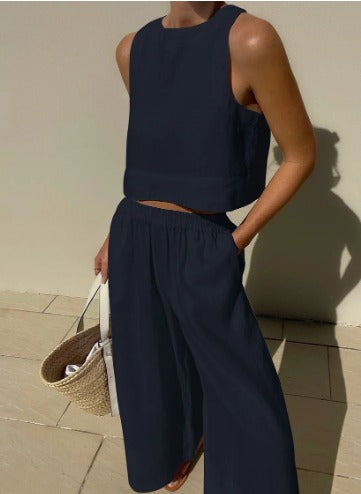 Women's Two-Piece Casual Matching Set | Cropped Top and Wide-Leg Trousers