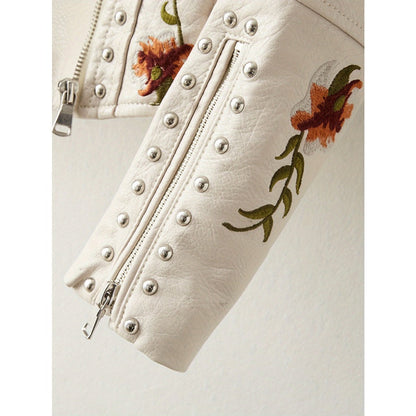Veste en similicuir beige à broderies florales pour femme - Lucrezia