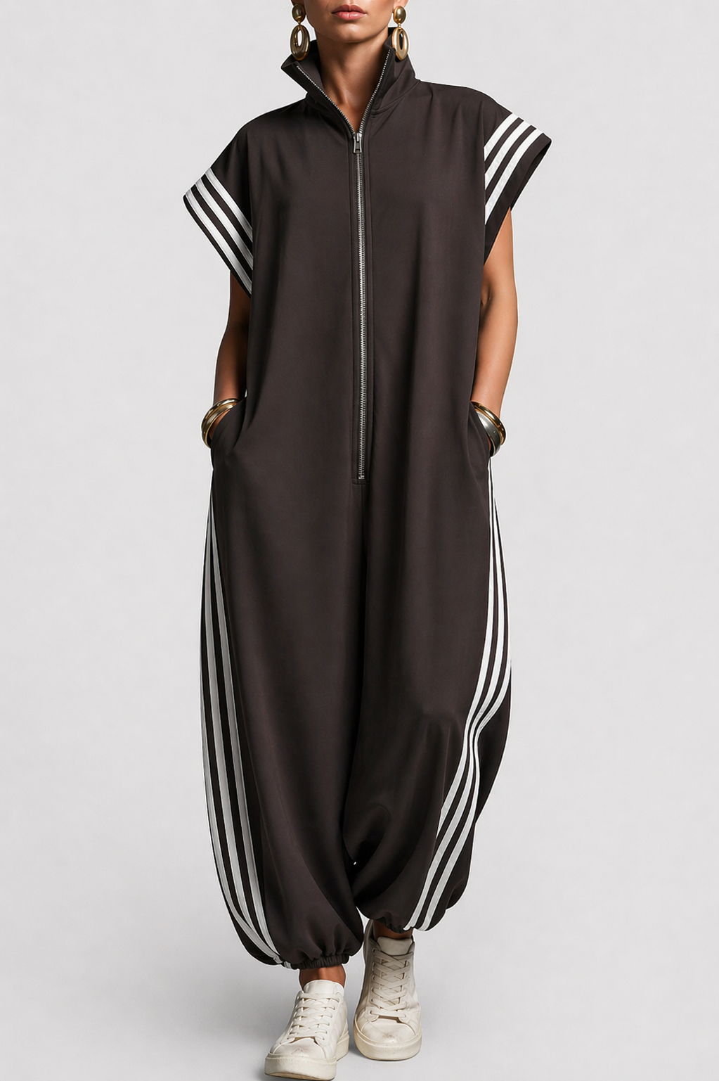 Women's Loose Casual Zip-Front Sporty Jumpsuit | with Contrast Side Stripes