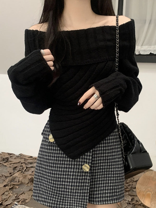 Black Vintage Off Shoulder Hanky Hem Sweater