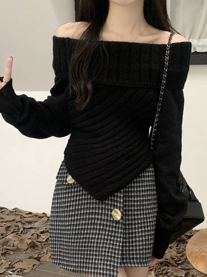 Black Vintage Off Shoulder Hanky Hem Sweater