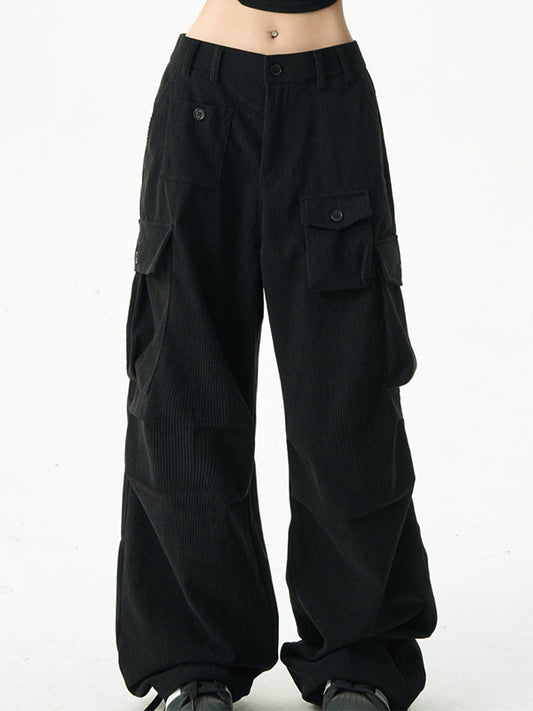 Black Vintage Corduroy Cargo Pants with Multi Pockets