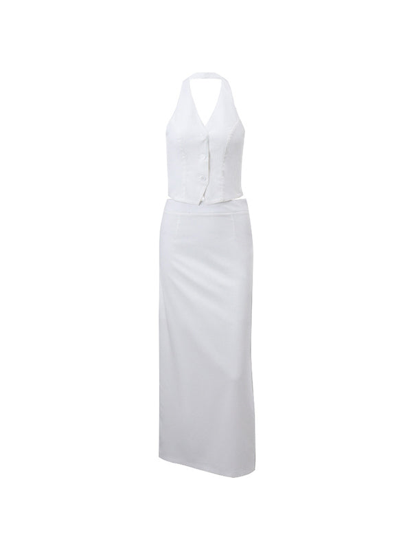 White Vintage V Neck Backless Tie Up Halter & Split Maxi Skirt Set