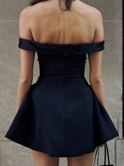 Navy Blue French Off Shoulder Backless Pleated Mini Dress