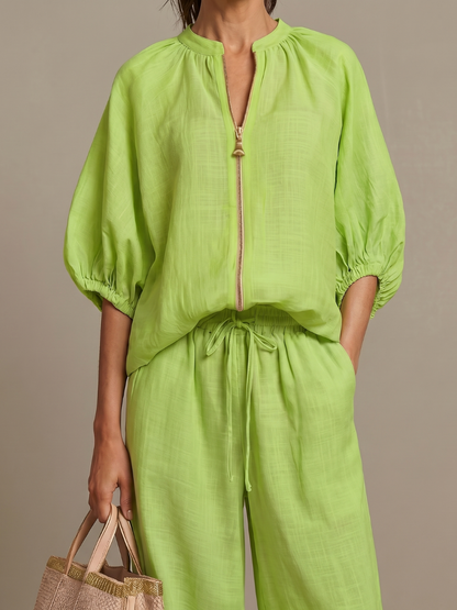 Women’s Casual Summer Co-Ord Set | Zip-Front Blouse and Wide-Leg Pants