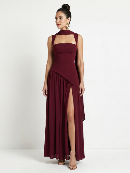 Women's Formal Evening Maxi Gown | with Matching Neck Scarf and High Slit
