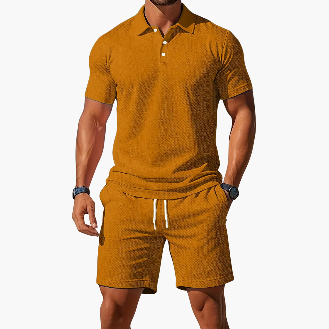Men's Short-Sleeve Polo Shirt and Shorts with Drawstring | Two-Piece Set