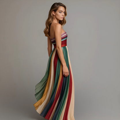 Women's Strapless Multicolor Pleated Dress | Maxi