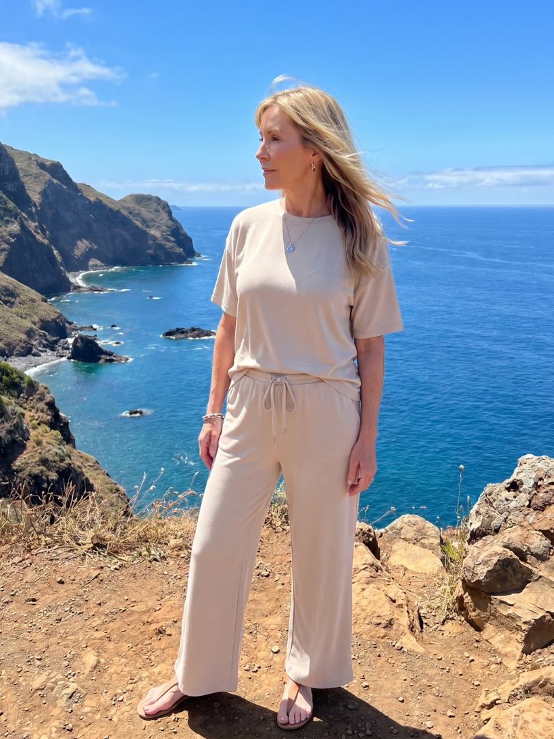 Women's 2-Piece Lounge Set | Short Sleeve Top and Wide Leg Pants