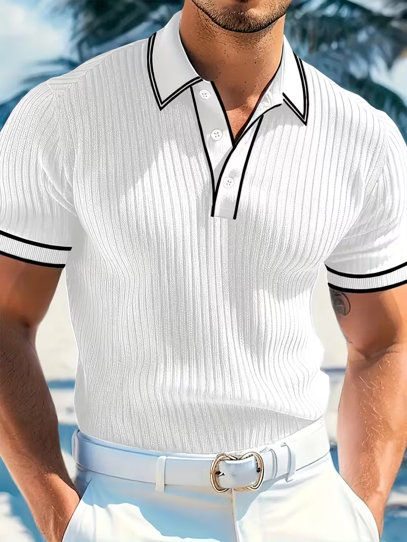 Men's Slim Fit Ribbed Knit Polo Shirt | Short Sleeve