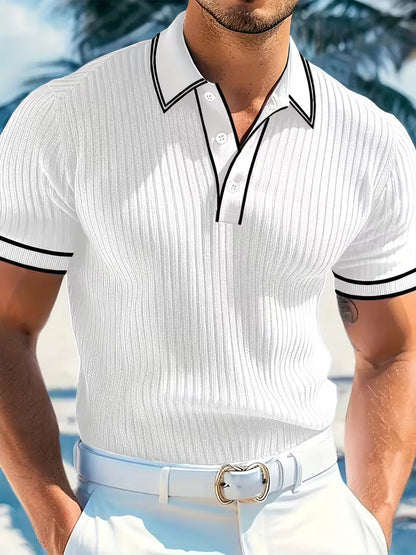 Men's Slim Fit Ribbed Knit Polo Shirt | Short Sleeve