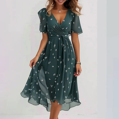 Women's V-Neck Midi Summer Wrap Dress | with Flutter Sleeves