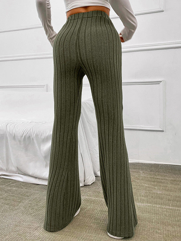 Pantalon évasé taille haute côtelé de couleur unie