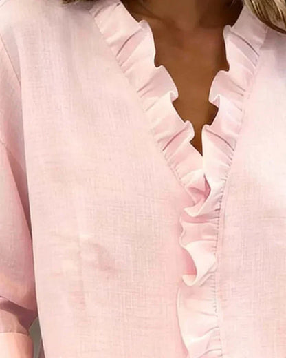 Women's Ruffle V-Neck Casual Summer Blouse | Long Sleeve