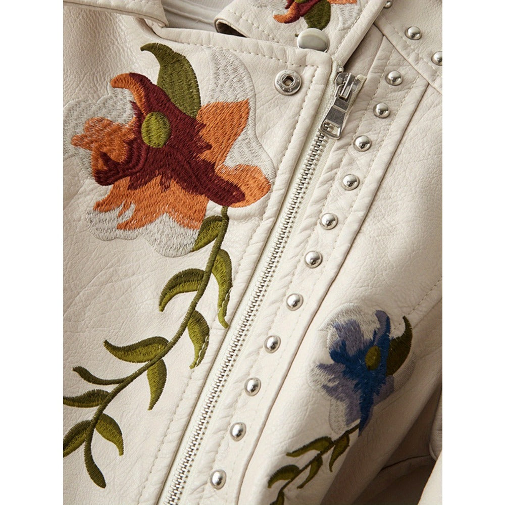 Veste en similicuir beige à broderies florales pour femme - Lucrezia