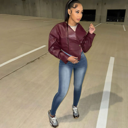 Veste courte en similicuir bordeaux pour femme - Romina 