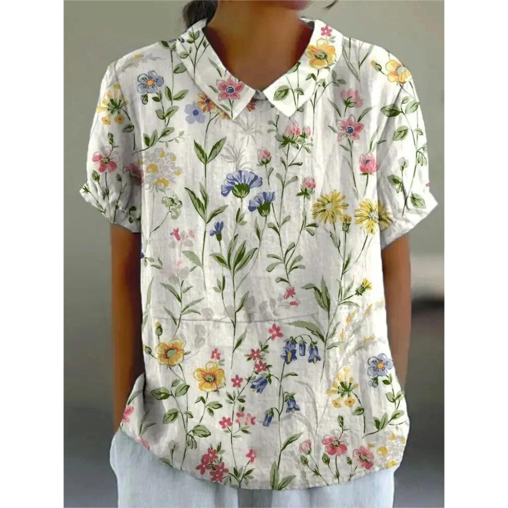 Women's Casual Floral Pattern Blouse | Short Puff Sleeves